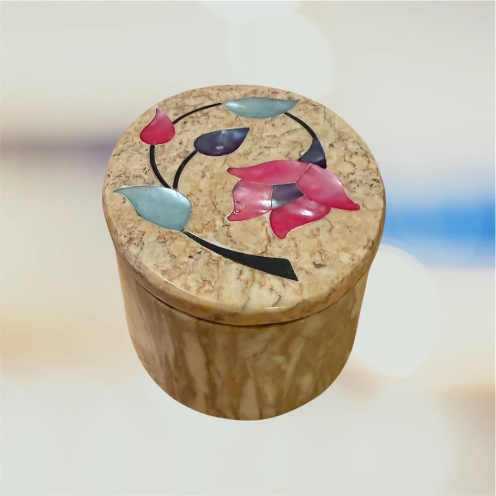 Oval Soapstone and Marble Floral Mother of Pearl Trinket Jewelry Keepsake Box